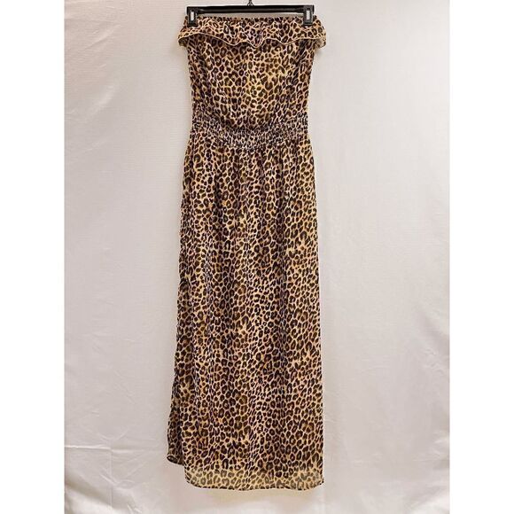 L8teR Dresses & Skirts - Women's Fully Lined Strapless Ruffled Maxi Dress Brown Leopard Print Size M